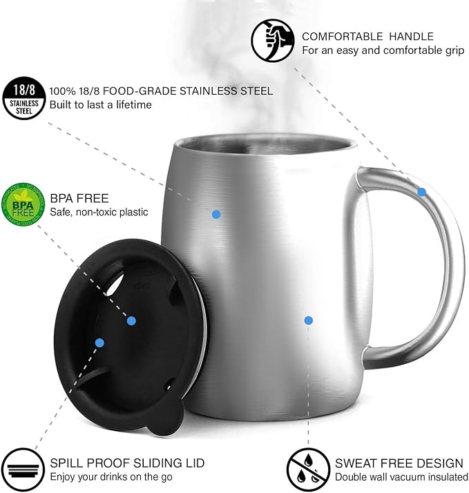 CHILLOUT LIFE Stainless Steel Insulated Coffee Mugs Set of 2 (14oz) – Double Wall Coffee Cups with Spill Resistant Lid & Strong Handle, Shatterproof Cups for Cold Drinks and Hot Beverages - Image 3