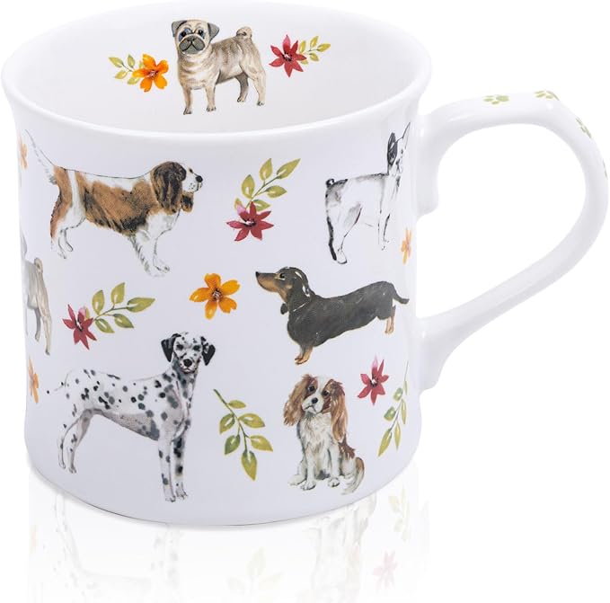 Cute Dog Coffee Mug, 12 oz Premium New Bone China Tankard Coffee Tea Mug, Holiday and Birthday Gift for Women, Dog Lovers, Dog Moms and Best Friends, Designed in England by Harvest Green Studio by MFoffice