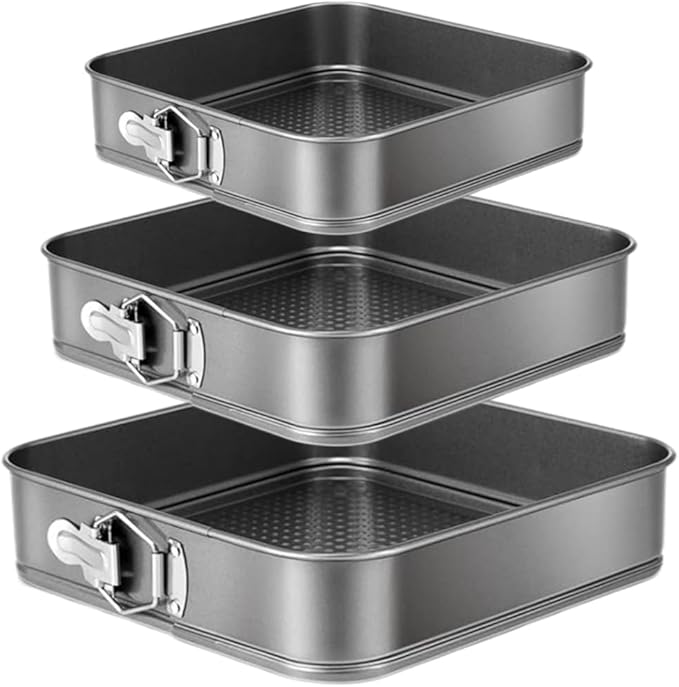 Springform Cake Pan Set of 3 (9.5, 10, 11 Inch) Square Baking Pans Nonstick Cheesecake Pans with Removable Bottom Bakeware for Cake, Cheesecakes, Pizza, and Quiches by Yetthpowr
