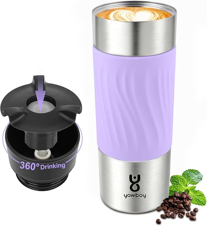 Travel Coffee Mug with 360°Lid, Travel Coffee Tumbler 16 oz Leak Proof, Stainless Steel Insulated Travel Mugs for Hot and Cold Spill Proof Leak Proof(Light Purple) by Yawbay