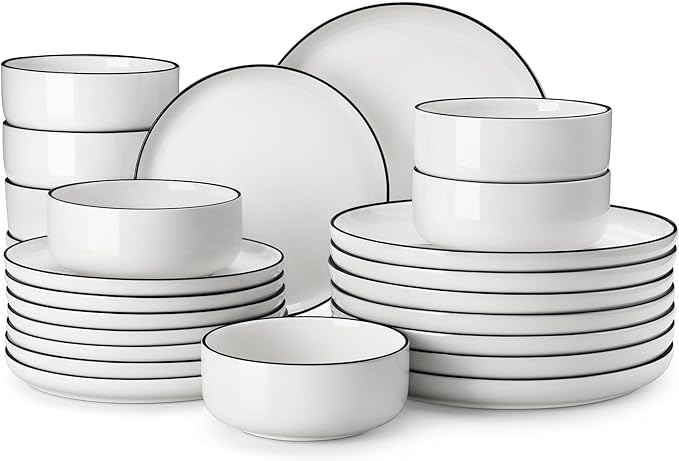 MALACASA Plates and Bowls Sets, 24 Pieces Modern Porcelain Dinnerware Set for 8 White Kitchen Dinner Dining Ware Set wtih Black Rim Ceramic Dishware Dishes Microwave and Dishwasher Safe, Series LUNA | Modern Ceramic Dishware Set,Kitchen Dining Ware,Mic... by MALACASA