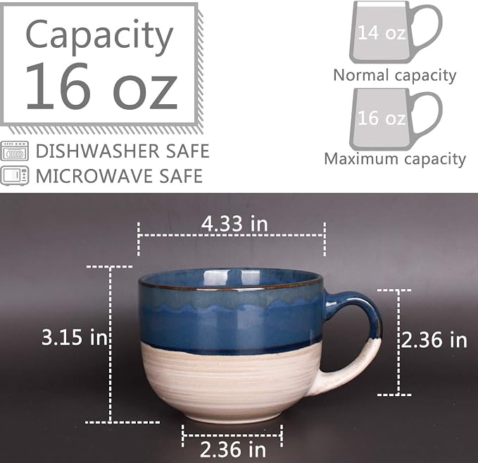 Bosmarlin Large Ceramic Coffee Mug Set of 2, Stoneware Latte Mug for Office and Home, 16 Oz, Dishwasher and Microwave Safe, (Prussian Blue, 2) - Image 2