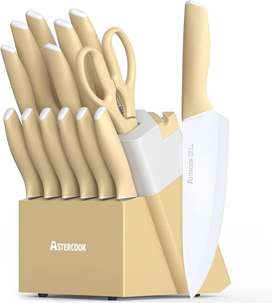 Astercook Kitchen Knife Set with Block and Sharpener 15 Piece Knives Set German High Carbon Stainless Steel Knives Sharp Blade Dishwasher Safe Deba Knives with Ergonomic Handle by Astercook