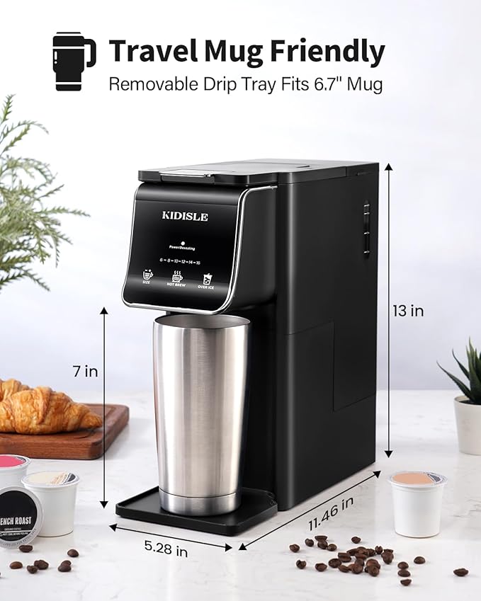 KIDISLE Hot & Iced Single Serve Coffee Maker for K Cup & Grounds, 6–16oz Brew Sizes, 40oz Water Tank, Reusable Pod Filter, Easy-to-Use for Home, Office, Dorm, Black - Image 7
