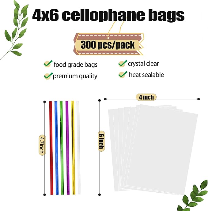Nobranded 300 pcs Clear 4" x 6" Flat Cello Cellophane Bags Poly Treat Bags 2.8 mils for Gift Wrapping, Bakery, Cookie, Candies, Toast, Dessert, Party Favors Packaging with Color Twist Ties - Image 3