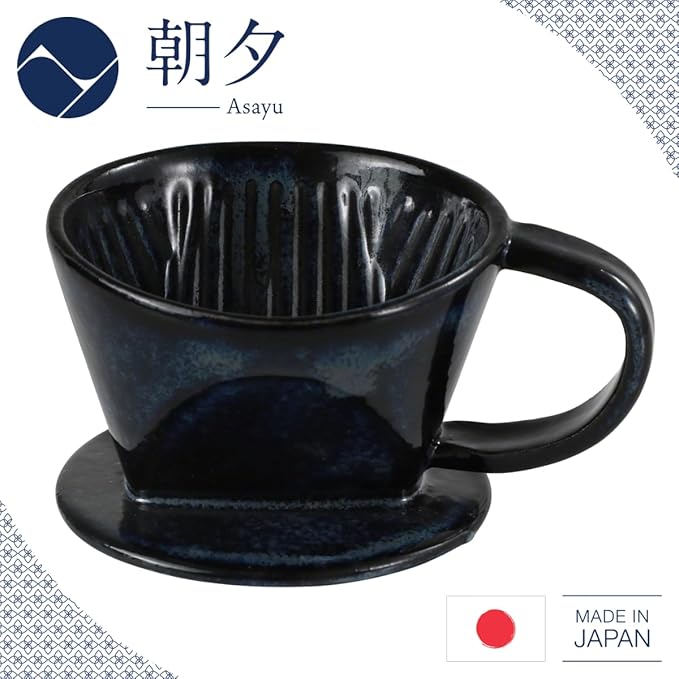 Asayu Japan Ceramic Coffee Pour Over Maker Set in Dark Navy Blue, Slow Brewing Paper Filter Holder and Dripper with 3 Holes for Coffee and Tea - Coffee Dripper Cone