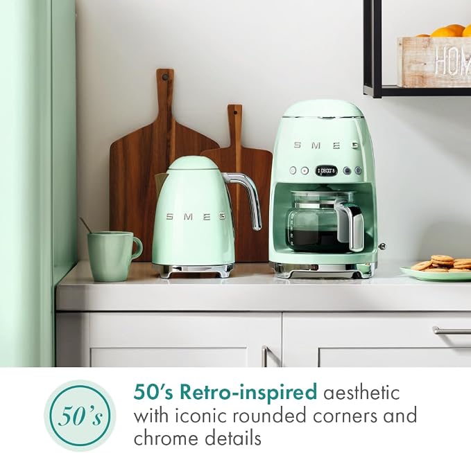 Smeg 50's Retro Style Aesthetic Drip Coffee Machine with 10 Cup Glass Carafe, Auto Start Feature, Keep Warm Plate, and Two Coffee Strength Settings (Pastel Green) - Image 5