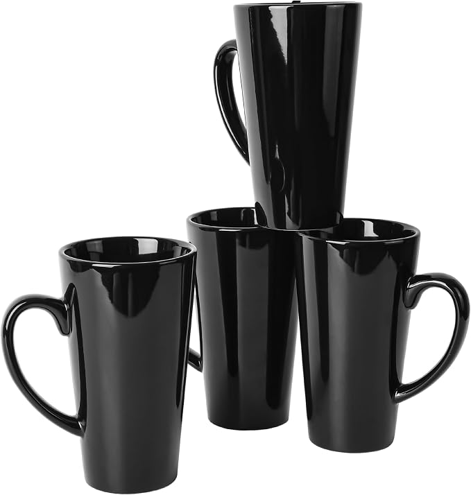 BYCNZB 16oz black Funnel Ceramic Tall Coffee Mugs for Coffee, Tea, Cocoa, Latte, Milk set of 4(Black) by BYCNZB