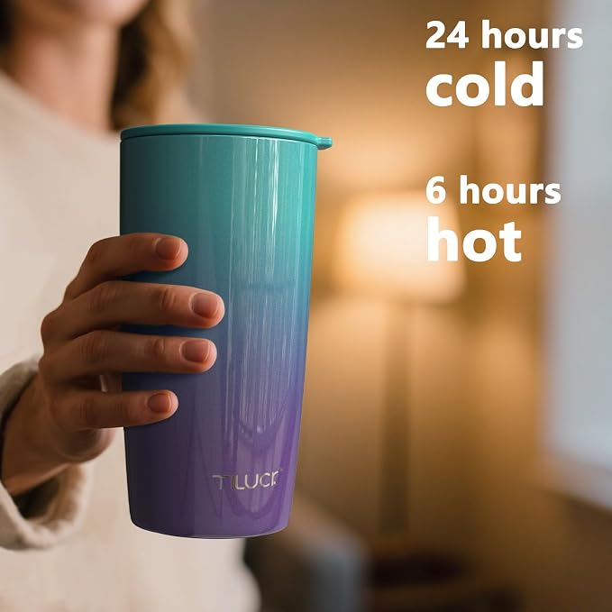 TILUCK 20 oz Insulated Coffee Tumbler with BPA-Free Lid | Travel Coffee Mug, Dishwasher Safe, Cup Holder Friendly,Double-Wall Vacuum Insulation for Hot & Cold Drinks,GlitterBluePurple - Image 3