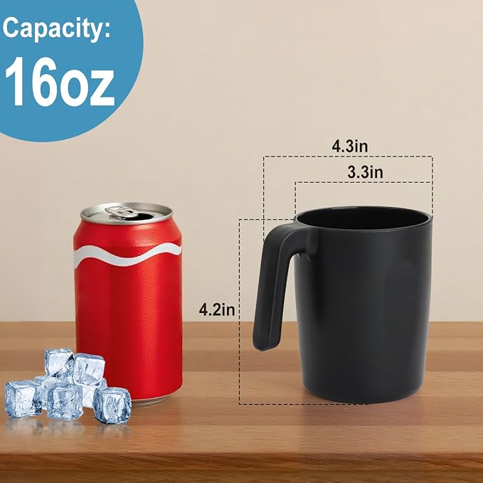 Wheat Straw Coffee Cups 16 OZ, Wheat Straw Cups with Handles, Unbreakable & Stacking Coffee Mugs Set of 6, Microwave & Dishwasher Safe Drinking Cups for Party, Camping, Kitchen - Black - Image 2
