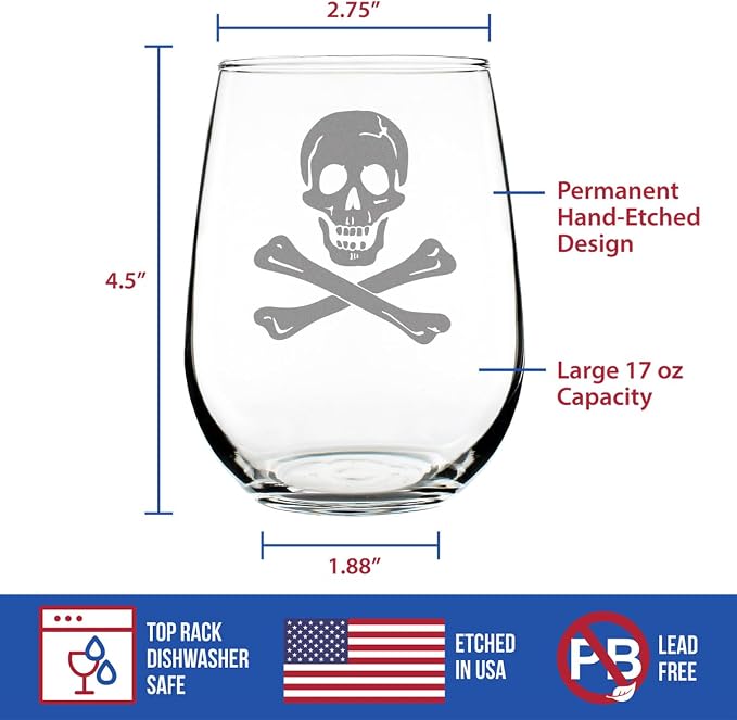 Bevvee Skull and Crossbones Stemless Wine Glass - Skull Decor and Jolly Roger Flag Gifts - Large 17 Oz Glasses - Image 4