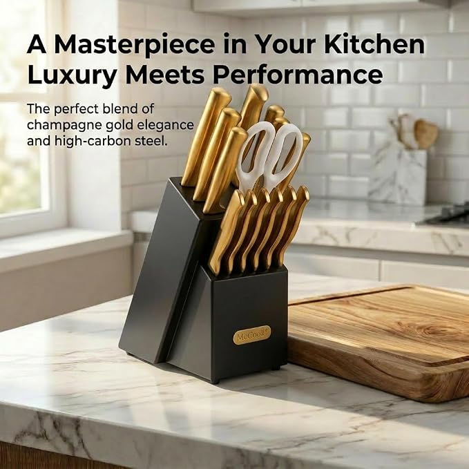McCook® Knife Sets, Golden Titanium Stainless Steel Kitchen Knife Block Sets with Built-in Sharpener, 15 Piece Knives, Restaurant Grade Sharp, Elegant Gold & Stylish Wooden Block for Modern Culinary | German Forged Stainless Steel,15 PC,Razor Sharp,Ant... - Image 8