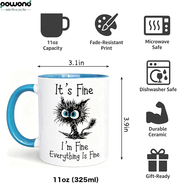 Funny Cat Coffee Mug for Cat Lovers, Everything Is Fine Mug 11oz | Double-Sided Print, Microwave & Dishwasher Safe, Sarcastic Saying - Image 2