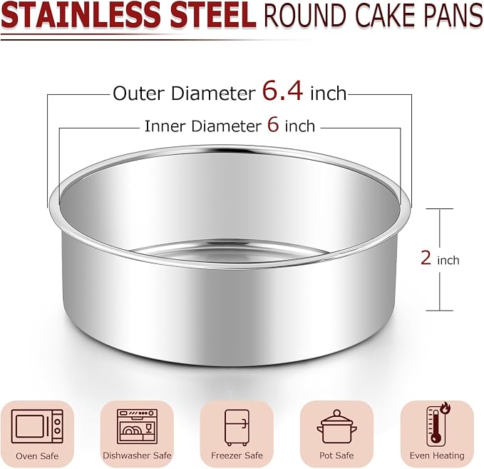 LIANYU 6 Inch Cake Pans Set of 6, Round Layer Cake Tins for Baking | Stainless Steel Round Baking Pan, Bakeware for Oven & Dishwasher, Non Toxic & Heavy Duty - Image 2