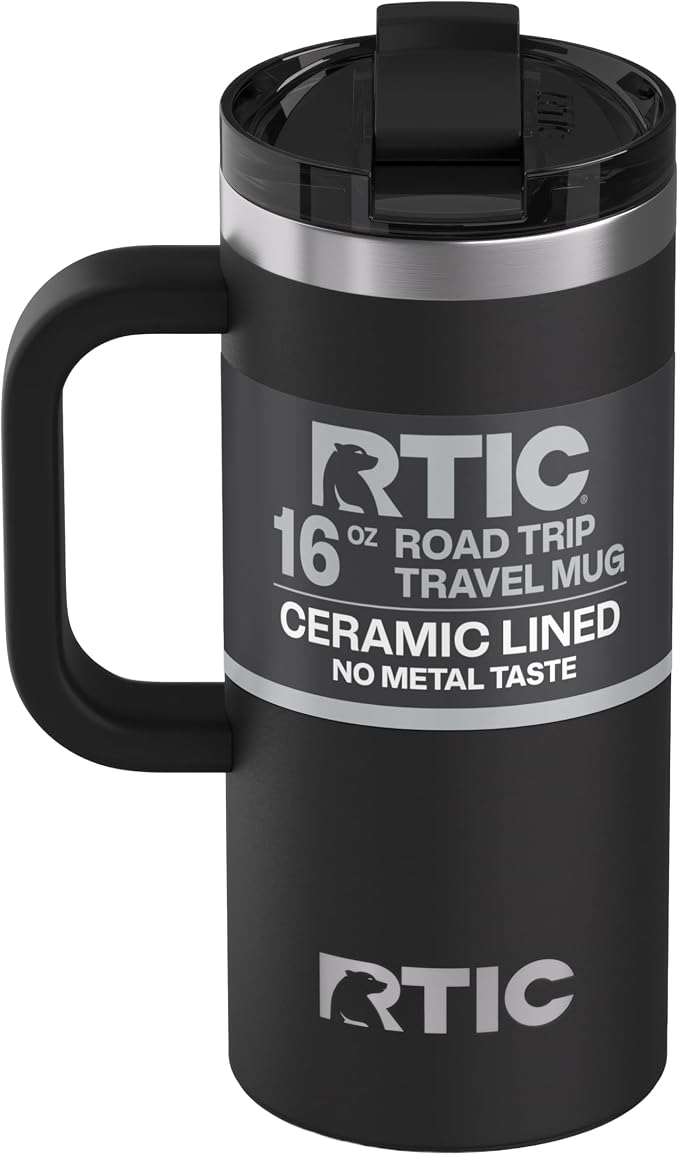 RTIC 16oz Road Trip Travel Mug with Lid and Handle, Ceramic Lined, Black | Stainless Steel Metal, Insulated Travel Cup for Hot and Cold Drinks, Coffee, Car, Camping and Travel by RTIC