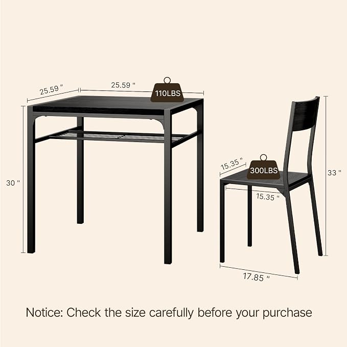 Gizoon 3-Piece Dining Table Set for 2, Small Kitchen Table & Chairs Black | Compact black 2-person dining set perfect for apartments. Features under-table storage rack and 2 chairs that tuck away. - Image 3