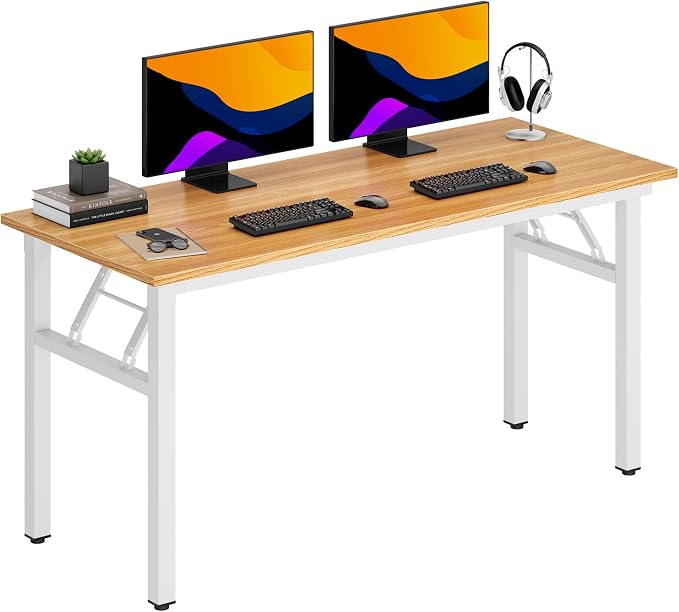 DlandHome 59.8 Inch Large Folding Computer Desk, Fully Assembled Teak White | Foldable Writing Table, Portable Activity Conference Table for Home Office, Wood Top Metal Frame, Collapsible Easy Storage by DlandHome