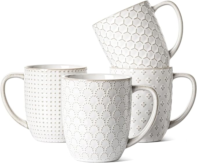 LE TAUCI Coffee Mugs 16 oz,Ceramic Mug Set, Embossment Cups for Latte, Hot Tea, Cappuccino, Mocha, Cocoa, Dishwasher Safe, Suit For Housewarming Wedding- 3.8 inch, Set of 4, Arctic White by LETAUCI