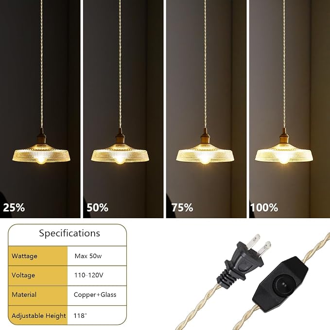 Sedelan Plug in Pendant Light, Vintage Pendant Lights Kitchen Island, Glass Hanging Light, Hanging Lamp with Plug in Cord for Entryway Bedroom Dining Room Kitchen, Adjustable, E26 - Image 6