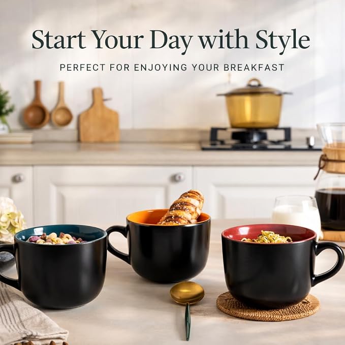 GBhome Jumbo Soup Mugs with Handles, 24 Oz Large Coffee Mugs Set of 4, Ceramic Soup bowls for Soup Cereal Snacks Salad Noodles Cups, Microwave safe - Matte Black, Colorful Inside - Image 8