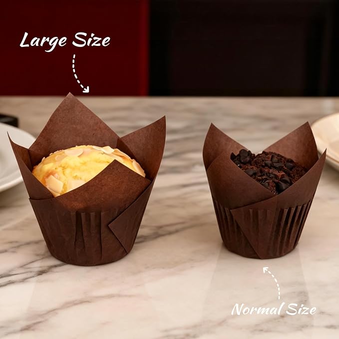 100pcs Extra Large Size Tulip Cupcake Liners for Baking Cups, Food Graded Parchment Paper Large Muffin Liners Holders, Greaseproof Cup cake Wrappers for Party, Christmas by Neyimqr (Coffee) - Image 5
