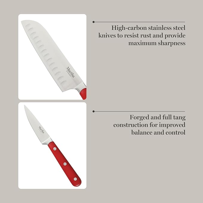 MARTHA STEWART Eastwalk 14 Piece High Carbon Staineless Steel Cutlery Knife Block Set w/ABS Triple Riveted Forged Handle Acacia Wood Block - Red - Image 4