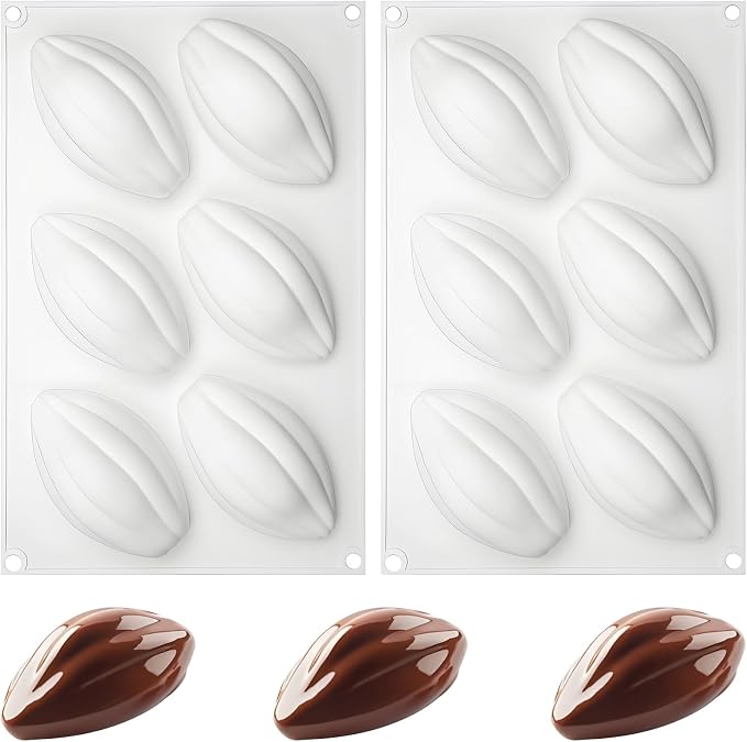 Silicone Coffee Bean Mold 6-Cavity, 29.5 x 18.8 cm | Pack of 2, 3D Cacao Pod Shape, Non-Stick Release, For Chocolate & Desserts, Food-Grade Silicone by Fchil