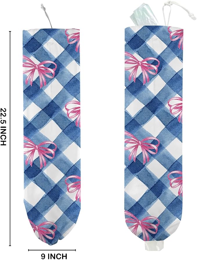 Pink Bow Plastic Bag Holder for Kitchen Essentials, Wall Mount Grocery Bag | Holder for Plastic Bags, Blue White Plaid Reusable Shopping Bags Storage Dispenser for Home Kitchen Pantry, 22.5x9 Inch - Image 2