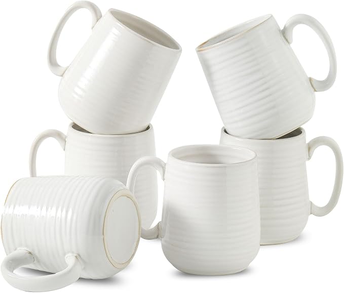 HASENSE Coffee Mugs Set of 6, 15 oz Ceramic Coffee Cups, Clay-Infused White | Porccelain Stoneware Large Handle Home Office Women Men Dad Mom Thanksgiving Gift Latte Hot Cocoa Dishwasher Microwave Safe by Hasense
