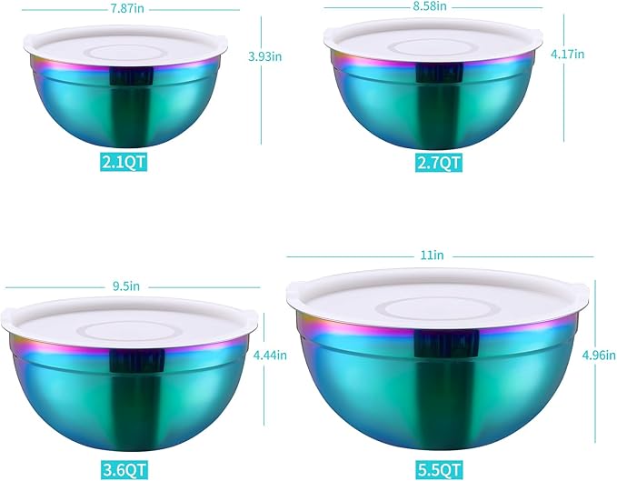 4 Piece Rainbow Mixing Bowls with Lids for Kitchen, Stainless Steel Mixing Bowls Set Ideal for Baking, Prepping, Cooking and Serving Food, Nesting Metal Mixing Bowls for Space Saving Storage - Image 2