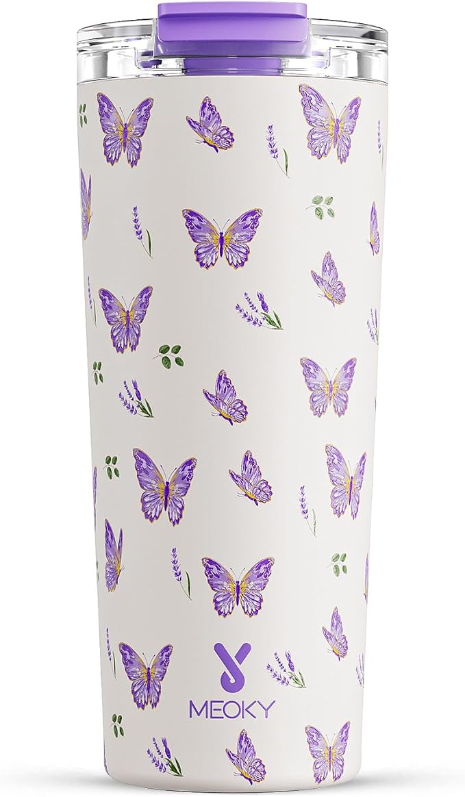 Meoky 24 oz Insulated Travel Coffee Mug: Leak Proof Lid, Butterfly | Stainless Steel Coffee Tumbler, Keeps Hot for 8 Hours or Cold for 24 Hours, Fits in Car Cup Holder, BPA Free by MEOKY