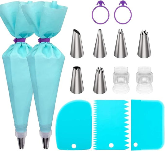 Piping Bags and Tips Set, 16" Reusable Piping Bags, Frosting Piping Kit for Baking with Pastry Bags and Tips, Standard Converters, Silicone Rings, Cake