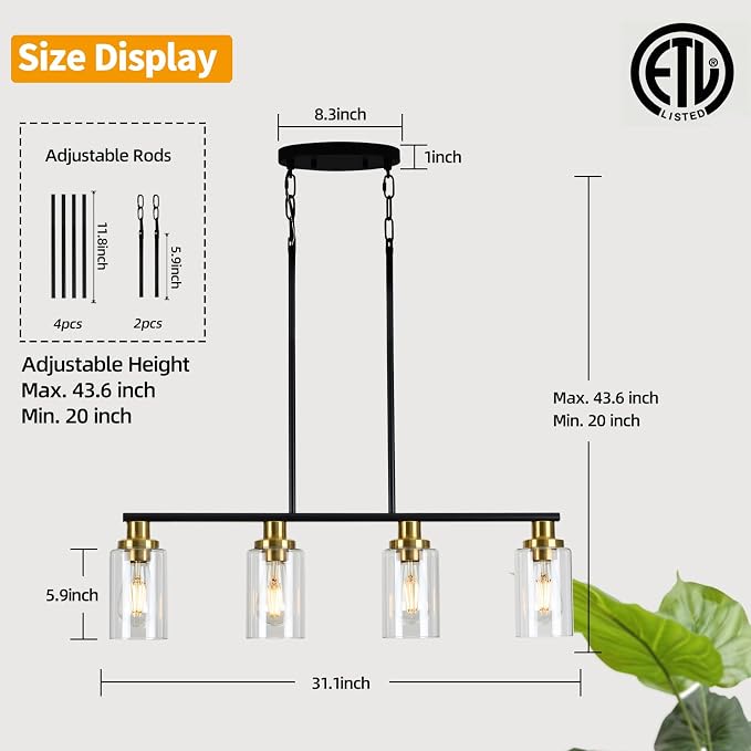 Island Lights for Kitchen, 4-Light Farmhouse Dining Room Light Fixtures Over Table, Matte Black and Gold Linear Chandeliers for Dining Room，Industrial Pendant Lighting with Clear Glass Shade - Image 4