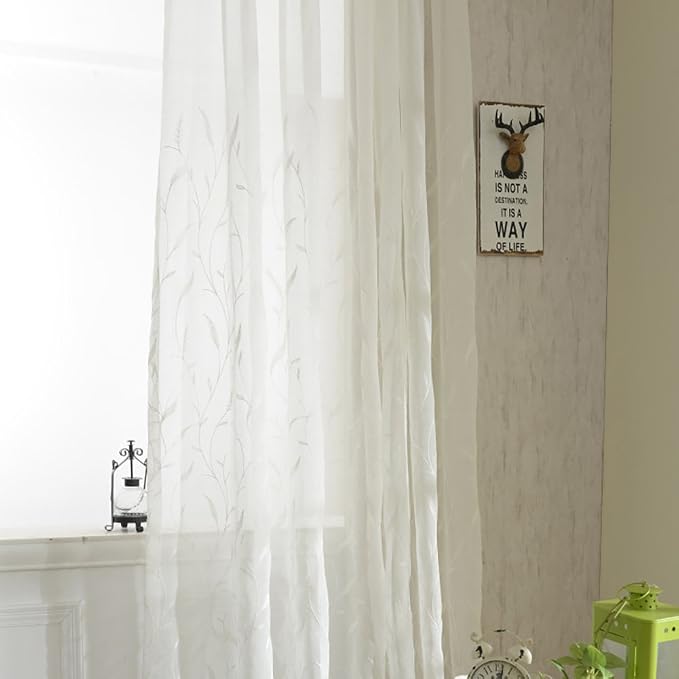 Semi-Sheer Elegant Embroidered Solid White Rod Pocket Window Sheer Curtains/Drape/Panels/Treatment 54 x 84,Two Panels - Image 4