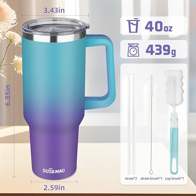 40 oz Insulated Coffee Mug with Ceramic Coating, Stainless Steel Travel Coffee Tumbler with Handle Lid and Straw, Double Wall Leak-Proof Coffee Travel Mug Keeps Drink Hot and Cold (Azure Purple) - Image 2