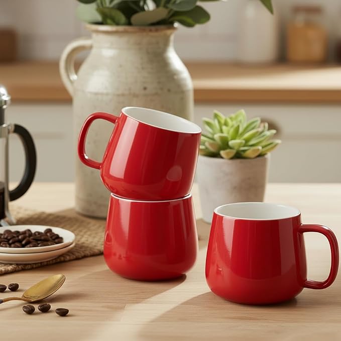 Teocera Coffee Mugs Set of 6-12oz Chip-Resistant Ceramic Cups with Ergonomic Handle | Dishwasher & Microwave Safe Red Mugs | Keeps Beverage Hot, Perfect for Family Kitchen & Holiday Gifts - Image 4