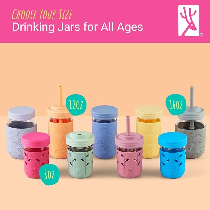 Elk and Friends Kids + Toddler Glass Cups | The Original 12oz Glass Mason Jar with Sleeves + Lids | Silicone Straws + Stopper | Smoothie Cup | Food Storage | Spill Resistant | Dishwasher Safe | 4 Pack