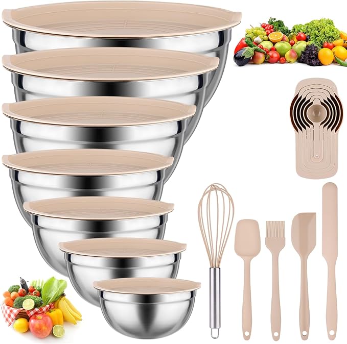 Leidawn Mixing Bowls with Lids set - 25 PCS Stainless Steel Nesting Khaki Mixing Bowls Set for Baking,Mixing,Serving & Prepping,Size 5, 3.7, 2.8, 2.3, 1.7, 1.1, 0.7QT, 11 Cooking by Leidawn