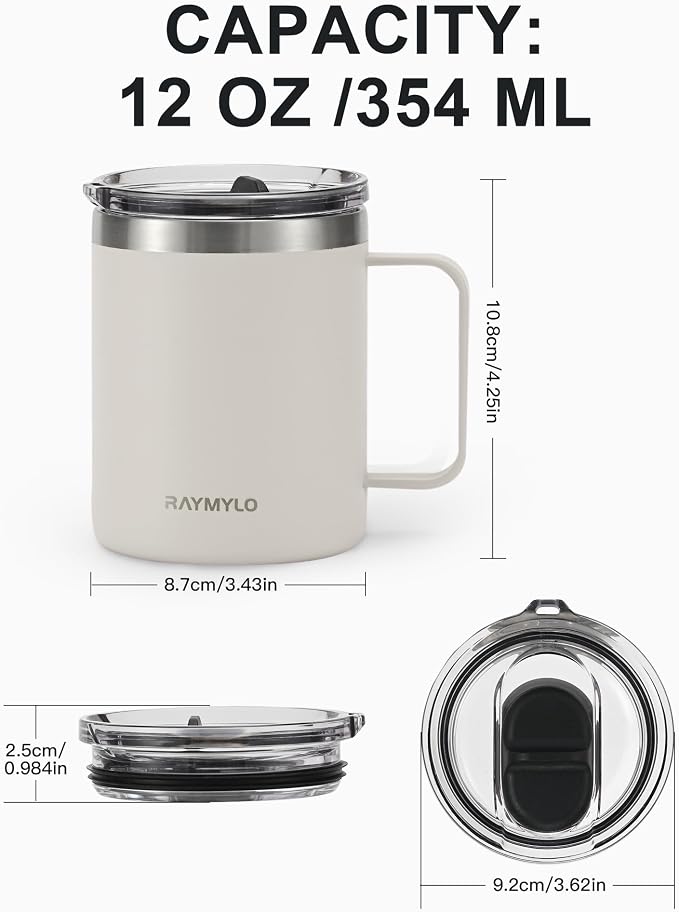 RAYMYLO Insulated Coffee Mug 12 oz, Spill-Proof & Detachable Slider Lid | Double Wall Stainless Steel with Thorough Clean Lid & Handle, Cold for 9 Hrs, Suitable for Camp Home Office - Image 6