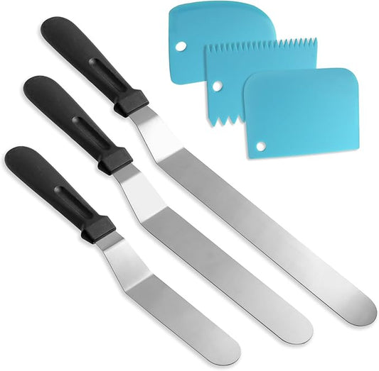 Litoexpe 6 Pack Stainless Steel Icing Spatulas with 3 Blue Cake Smoother Scrapers, Angled Cake Spatulas Cake Smoother Scrapers, Frosting Offset Spatula Set for Cake Decorating Baking (6", 8", 10")