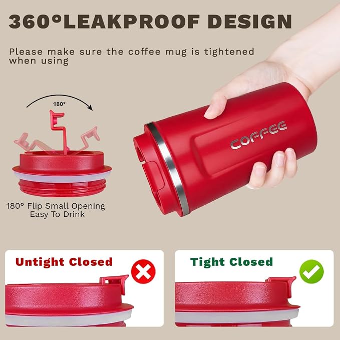 SPLMIFA Travel coffee mugs leak-proof, reusable coffee cup with lid, stainless steel vacuum insulated coffee tumblers, thermal insulation cups for men & women keep drinks hot & cold (2nd-Red, 17OZ) - Image 5