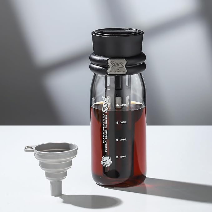 Bincoo Borosilicate Glass Cold Brew Coffee Maker-600ml,Leak-Proof,Cold Brew Bottle with Fine Mesh Filter & Silicone Funnel,Multi-Functional for Coffee & Fruit Tea (Black)