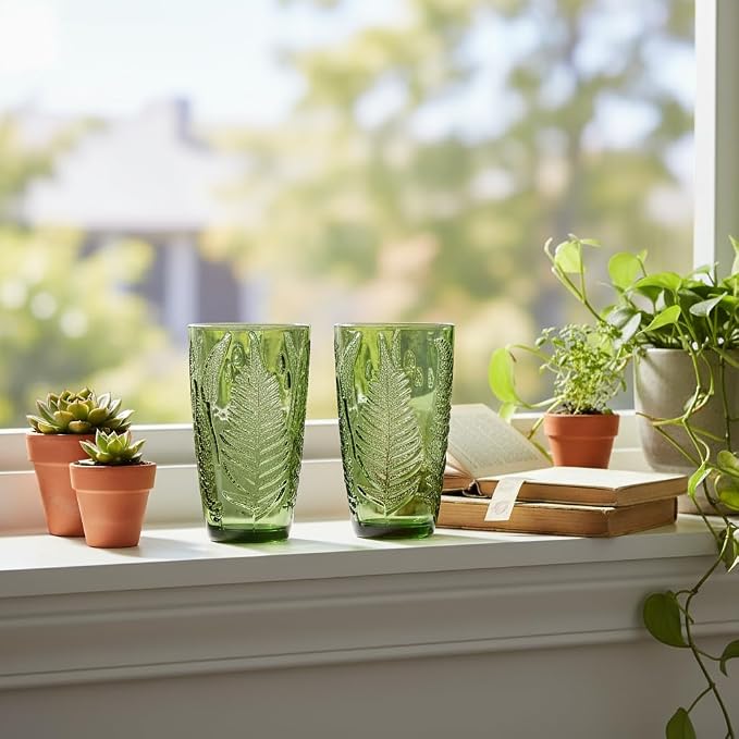 Green Drinking Glasses Set of 8, 16 oz Glass Cups, Vintage Fern Glassware | Hand-Pressed, Dishwasher Safe, Boho Leaf-Textured Drinkware, Colored Embossed Highball Tumblers for Water, Retro Kitchen Gift - Image 4