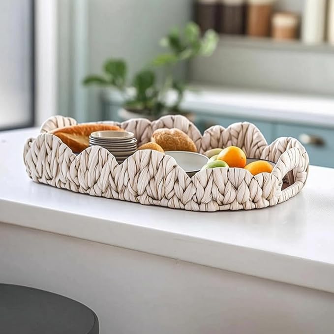 Amagogo Basket Tray with Handles Oval Rectangular Organizer Serving Tray Decorative Weave Water Hyacinth Low Profile Shape Suitable for Room Coffee Giving Home Decoration 42x33x7cm - Image 5