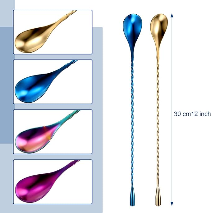 Boao 4 Pcs 12 Inch Cocktail Spoon Coffee Spoons Bar Stirring Spoon Long Handle Stainless Steel Cocktail and Coffee Mixing Tool for Homemade Barista/bartender (Multicolor,Blue,Purple,Champagne)