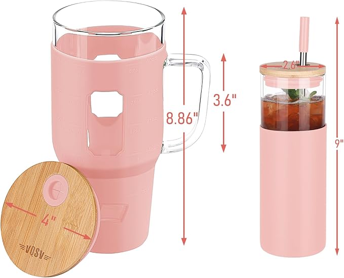 Glass Cups with Lids and Straws - 40 oz Tumbler with Handle - 16 oz Reusable Water with Bamboo Lid, Stainless Steel Straw, Silicone Sleeve for Coffee, Smoothi, Hot, Cold Drinks (2 Count)
