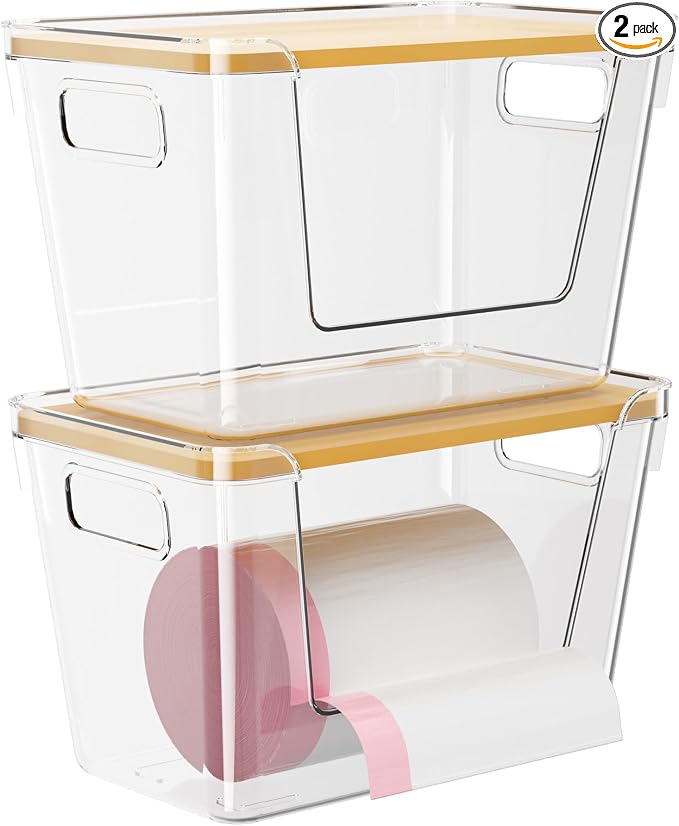 Delamu 2 Pack Trash Bag Dispenser, Stackable Garbage Bag Holder | Clear Acrylic Organizer Bins for Under Sink Organization, Pantry Storage, Cabinet, Kitchen, Laundry, Bathroom by DELAMU