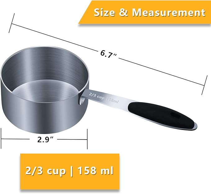 2PCS 2/3Cup (158ml, 5.4oz) Single Measuring Cup with Black Silicone Grip, Stainless Steel Individual Measure Scoop Only