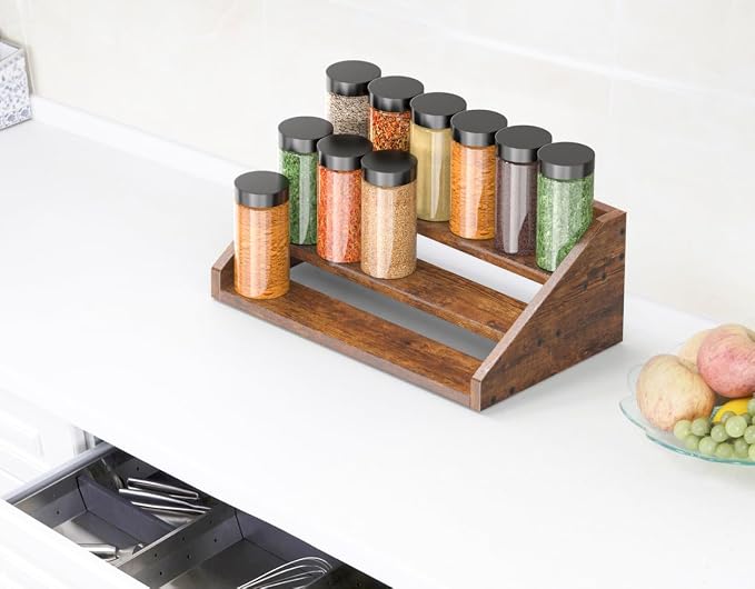 3 Tier Wood Spice Rack Organizer for Cabinet, Super Sturdy Display Riser Shelf Seasoning Organizer for Countertop Pantry Cupboard, Retro Storage Holder for Kitchen Condiment Jar Spice Container - Image 2