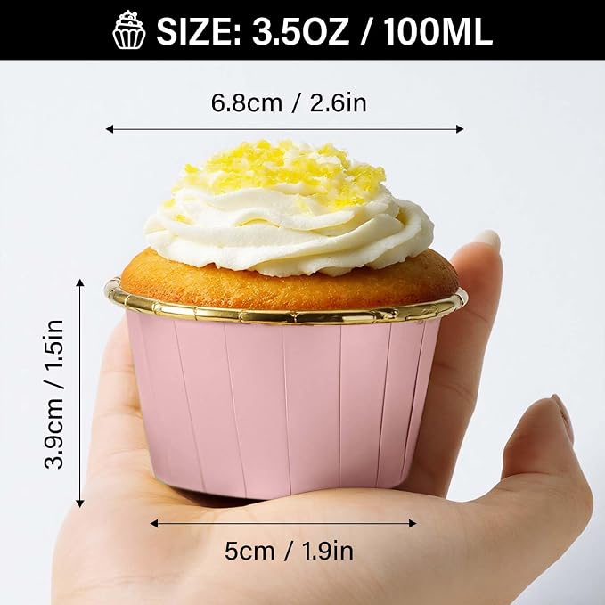 EUSOAR Cupcake Liners, 50pcs 3.5oz Aluminum Foil Wrappers Muffin Cupcake Containers, Disposable Dessert Ramekins Paper Baking Cups Mini Cheesecakes Holders for Birthday Wedding Party-Pink/Gold - Image 2